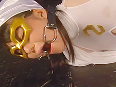 Asian heroine with handcuffs and legcuffs 190805