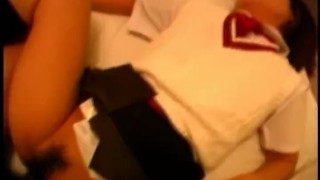 Asian schoolgirl getting fucked in her hairy bush missionary style