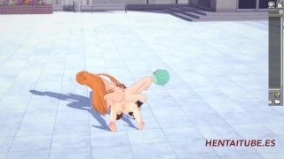 Threesome, Asuana and Asada masturbate Kirito with their ass and he cums on her buttocks