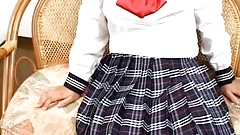 Ai Kazumi in school uniform sucks cock and gets banana in pussy