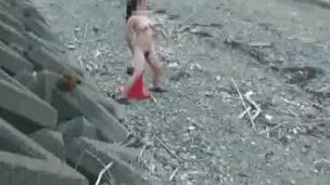 Giant road cone fuck at a public beach