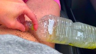 Pissing by car without being able to stand PET bottle challenge