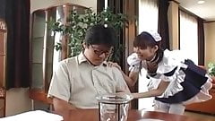 Pretty Asian maid, Natsumi exposes hot pussy for fingering