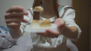 cute japanese crossdresser cum on cake and eating