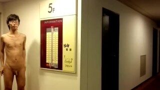 Japanese boy naked in Elevator at hotel