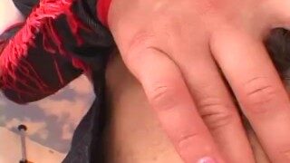 Japanese fantasy cougar in a cowgirl suit toys her pussy