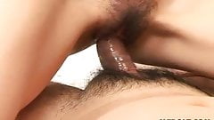 Asian babe with  ahairy cunt rides the D