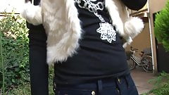 Cute little whore is outdoors sucking cock like a good slut