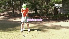 Golf whore gets teased and creamed by two guys
