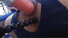 Ibuki has asshole and cunt fucked with dildos through swimsu