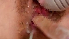 Japanese married woman. The cloudy joy juice flows down.