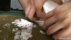 Kinky teen Aoba uses her food groups to tease her pussy