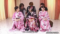 Three slutty ass Asian babes getting fucked and creamed in h