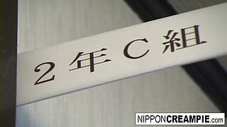 Beautiful Japanese babe is gangbanged in the classroom